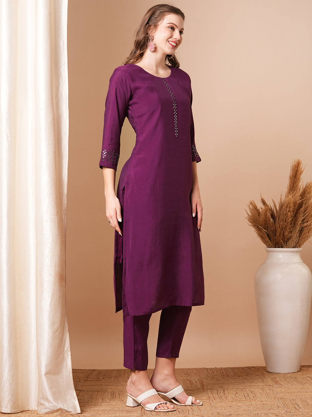 Solid Mirror Embroidered Straight Fit Kurta with Pant - Purple