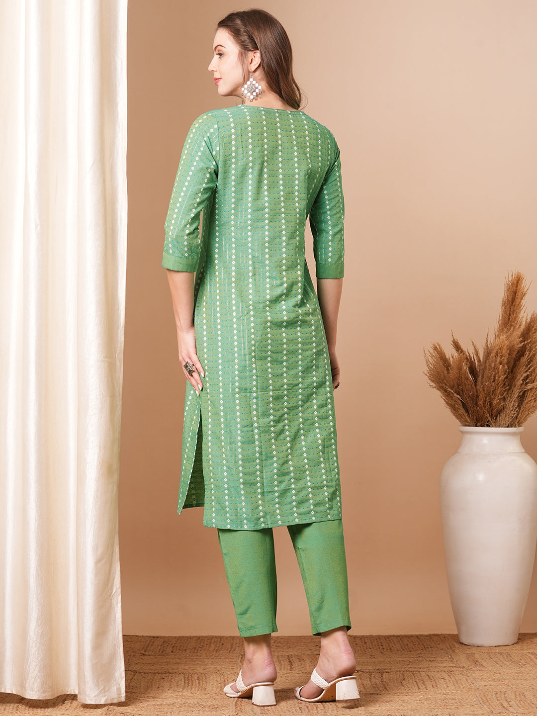 Ethnic Woven & Mirror Embroidered Straight Fit Kurta with Pant - Green