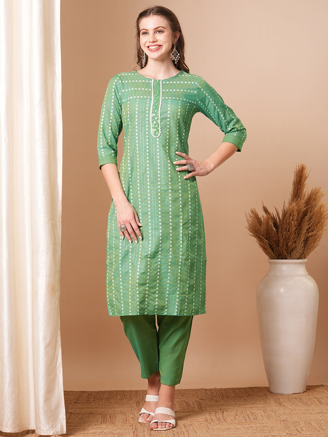 Ethnic Woven & Mirror Embroidered Straight Fit Kurta with Pant - Green