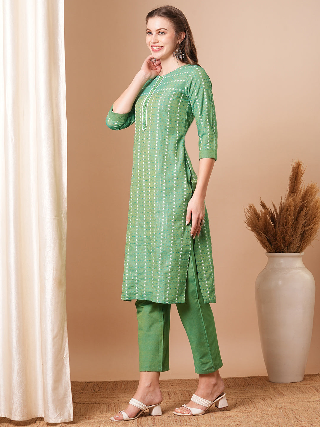 Ethnic Woven & Mirror Embroidered Straight Fit Kurta with Pant - Green