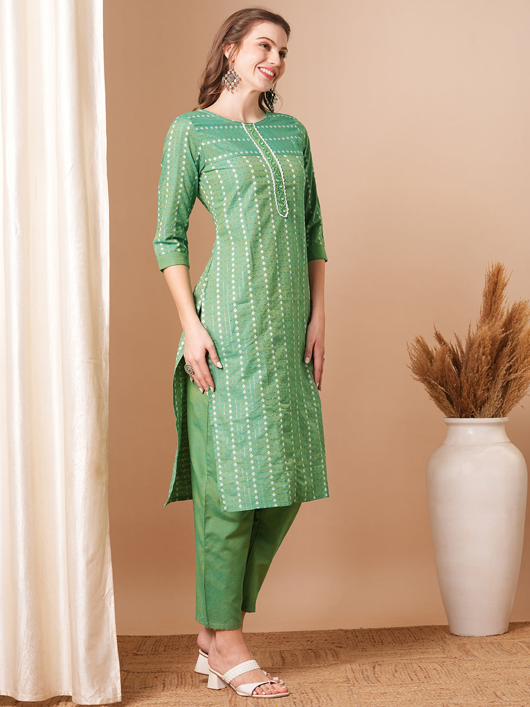 Ethnic Woven & Mirror Embroidered Straight Fit Kurta with Pant - Green