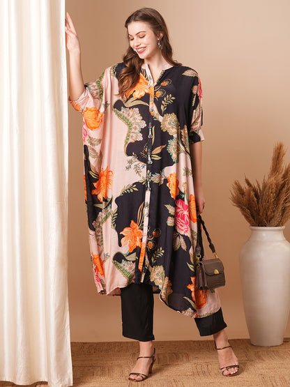 Floral Printed & Embroidered Kaftan Kurta with Pant - Black