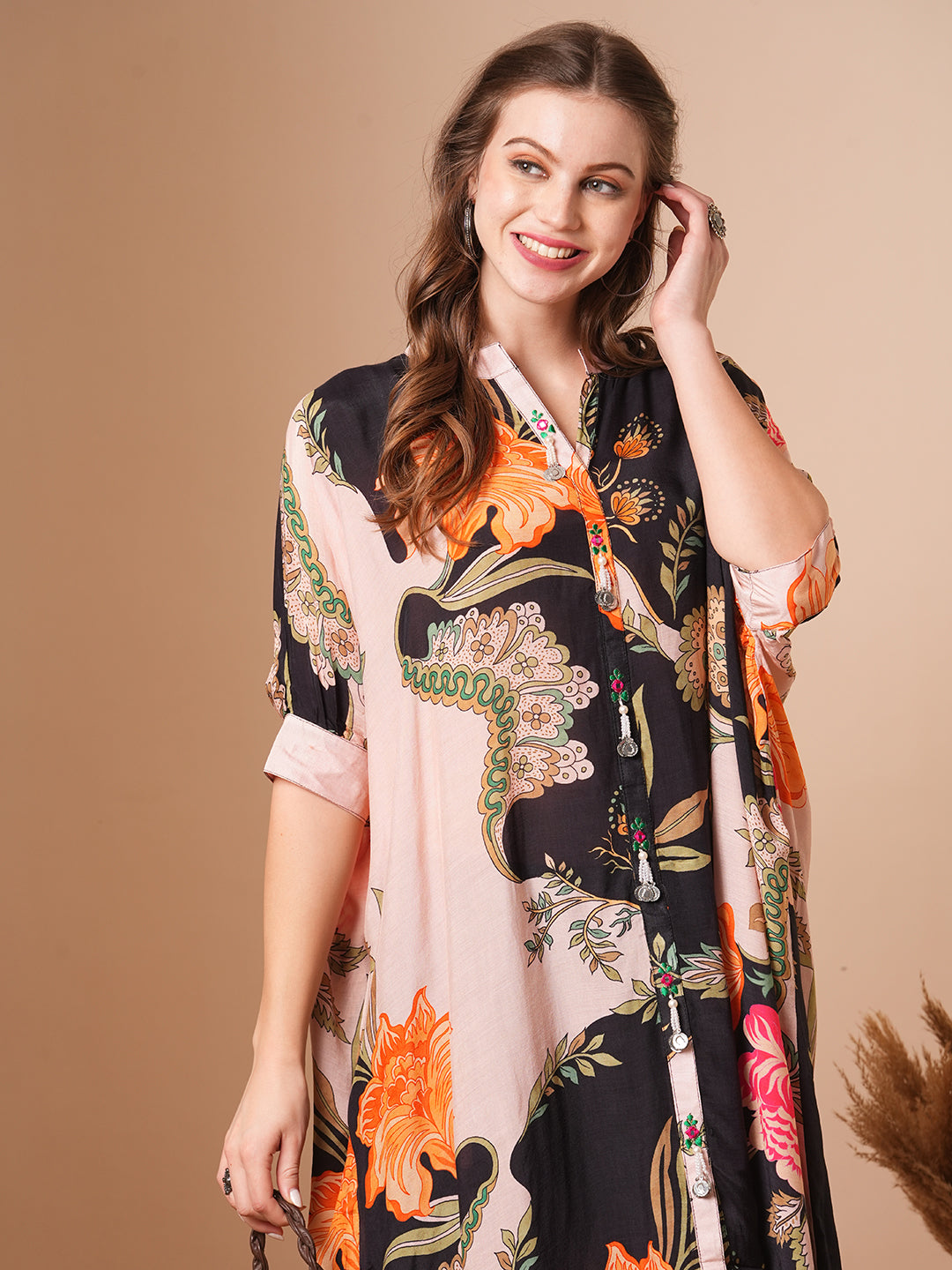 Floral Printed & Embroidered Kaftan Kurta with Pant - Black