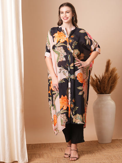 Floral Printed & Embroidered Kaftan Kurta with Pant - Black