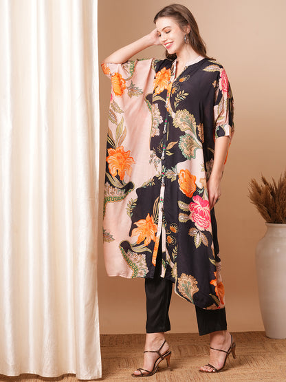 Floral Printed & Embroidered Kaftan Kurta with Pant - Black