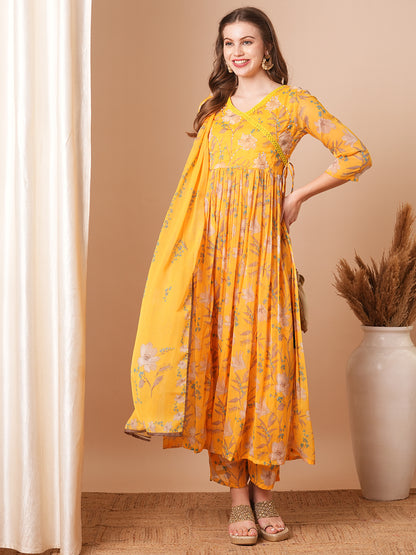 Ethnic Floral Printed A-Line Pleated Kurta with Palazzo & Dupatta - Yellow