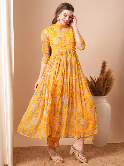 Ethnic Floral Printed A-Line Pleated Kurta with Palazzo & Dupatta - Yellow