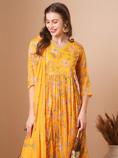 Ethnic Floral Printed A-Line Pleated Kurta with Palazzo & Dupatta - Yellow