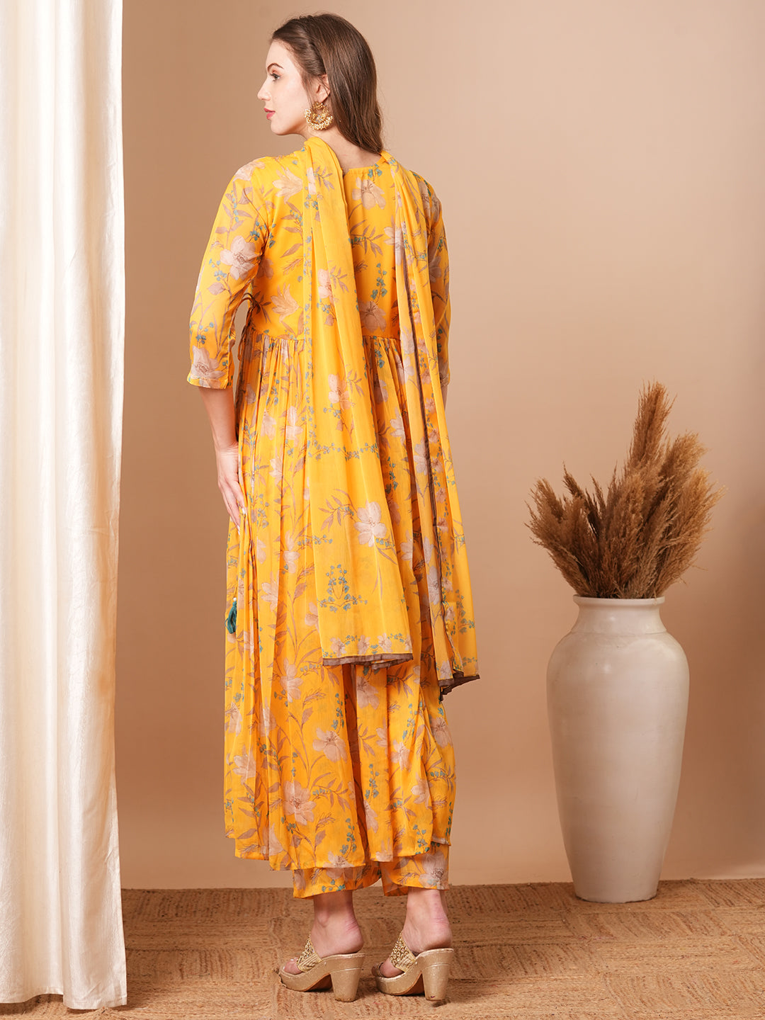 Ethnic Floral Printed A-Line Pleated Kurta with Palazzo & Dupatta - Yellow