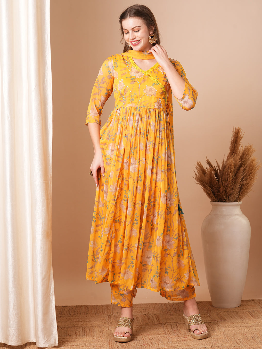 Ethnic Floral Printed A-Line Pleated Kurta with Palazzo & Dupatta - Yellow