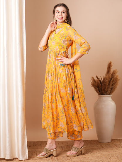 Ethnic Floral Printed A-Line Pleated Kurta with Palazzo & Dupatta - Yellow