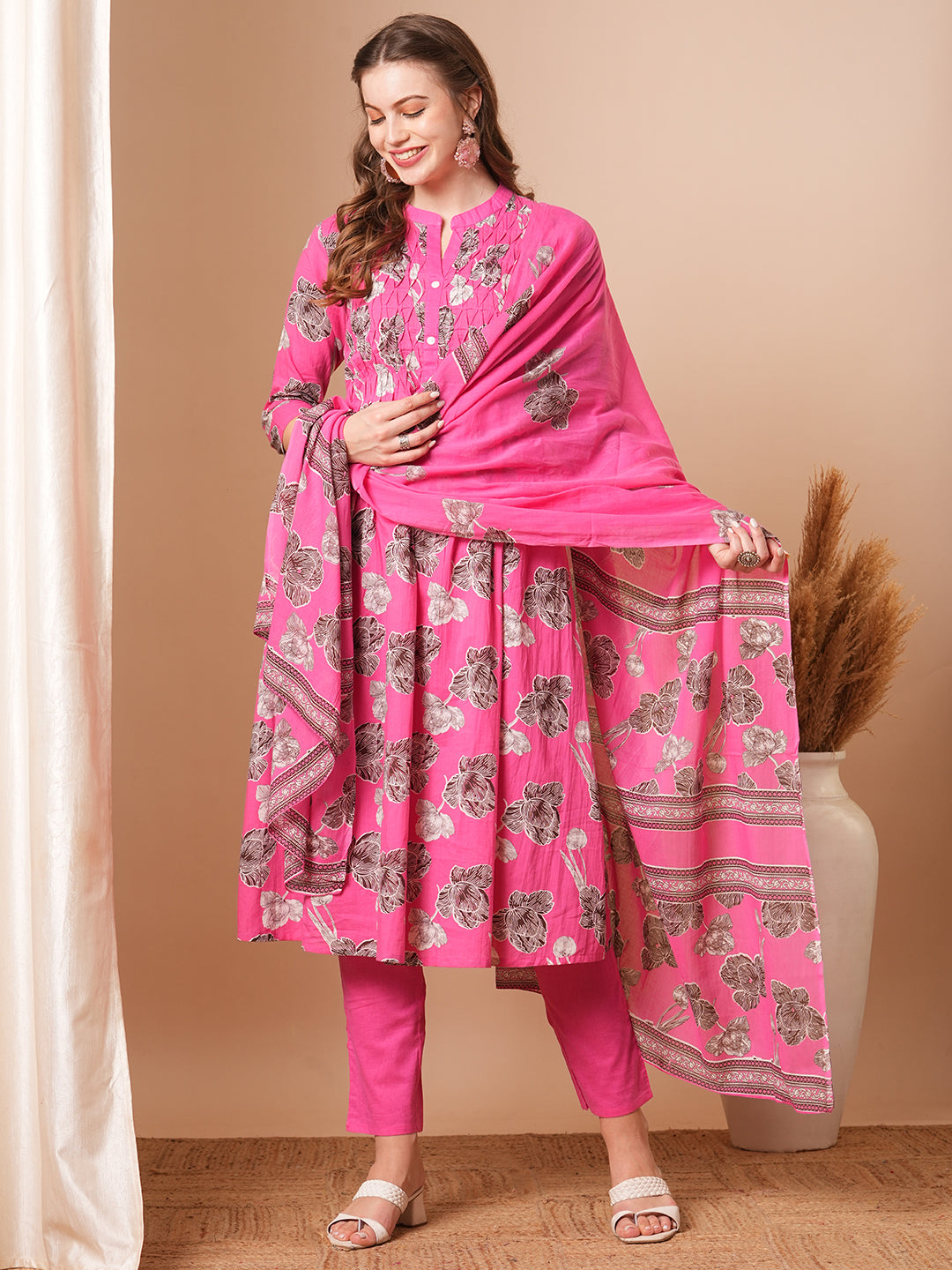 Abstract Floral Printed A-Line Kurta with Pant & Dupatta - Pink