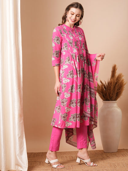 Abstract Floral Printed A-Line Kurta with Pant & Dupatta - Pink