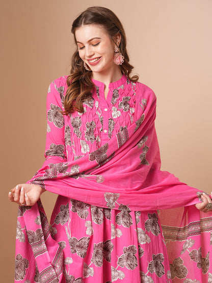 Abstract Floral Printed A-Line Kurta with Pant & Dupatta - Pink