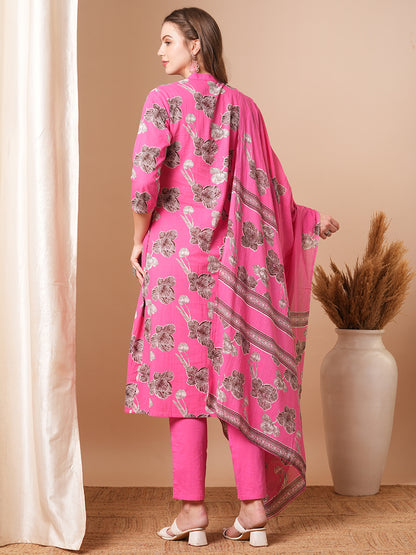 Abstract Floral Printed A-Line Kurta with Pant & Dupatta - Pink