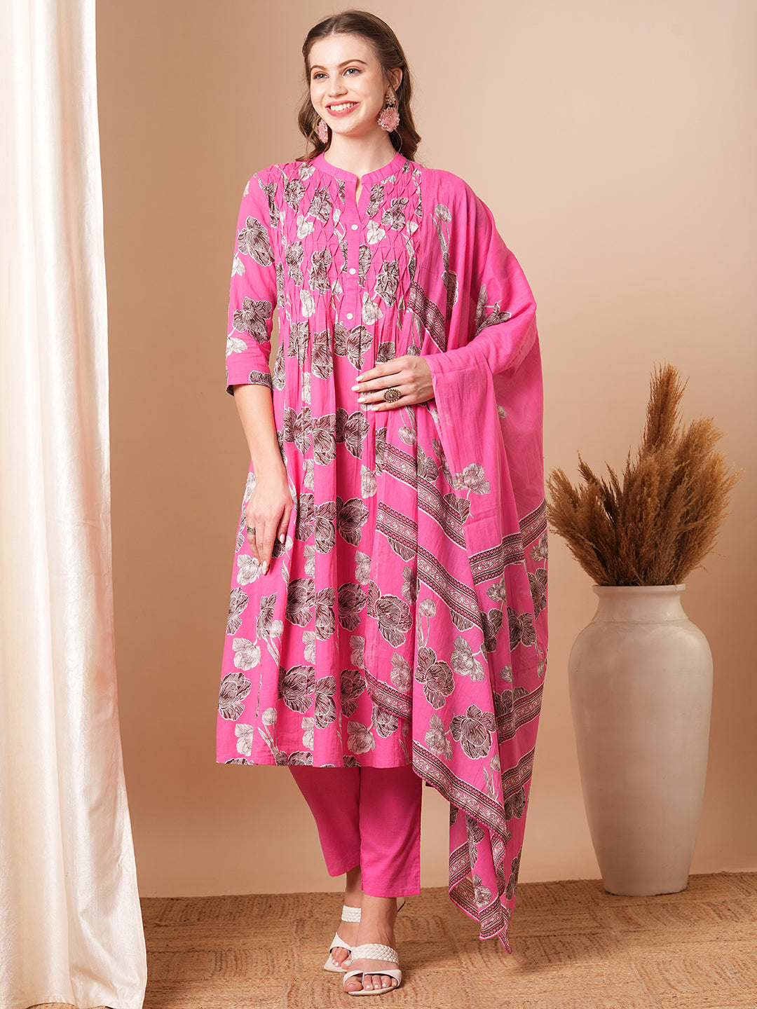 Abstract Floral Printed A-Line Kurta with Pant & Dupatta - Pink