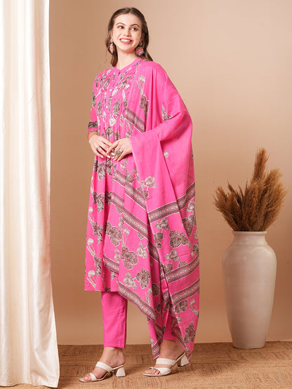 Abstract Floral Printed A-Line Kurta with Pant & Dupatta - Pink