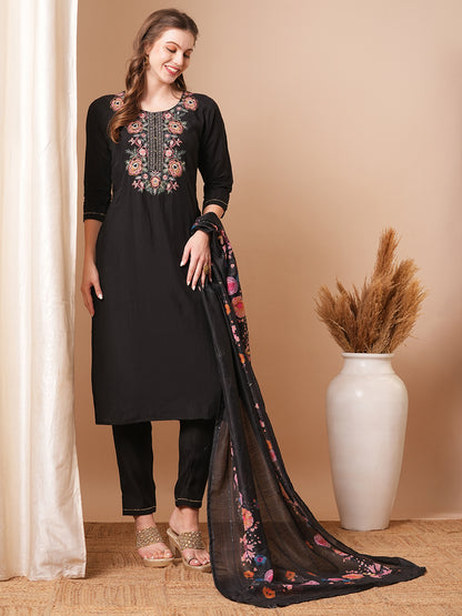 Solid Ethnic Floral Embroidered Straight Fit Kurta with Pant & Dupatta - Black