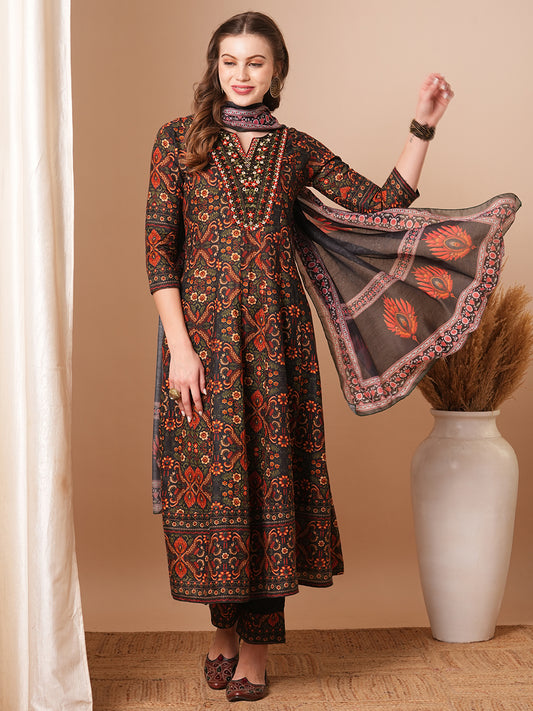 Ethnic Floral Printed & Embroidered Anarkali Kurta with Pant & Dupatta - Multi