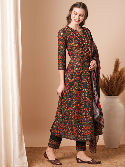 Ethnic Floral Printed & Embroidered Anarkali Kurta with Pant & Dupatta - Multi