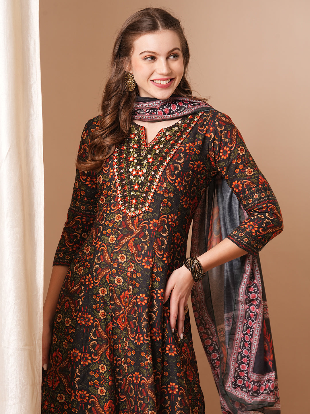 Ethnic Floral Printed & Embroidered Anarkali Kurta with Pant & Dupatta - Multi