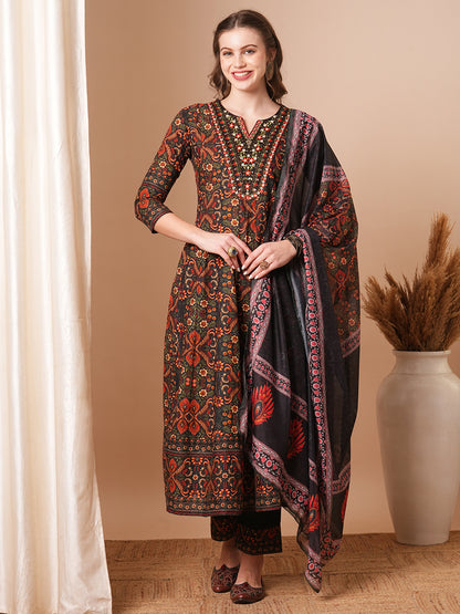 Ethnic Floral Printed & Embroidered Anarkali Kurta with Pant & Dupatta - Multi