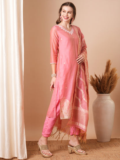 Floral Woven & Embroidered Straight Fit Kurta with Pant & Dupatta - Pink