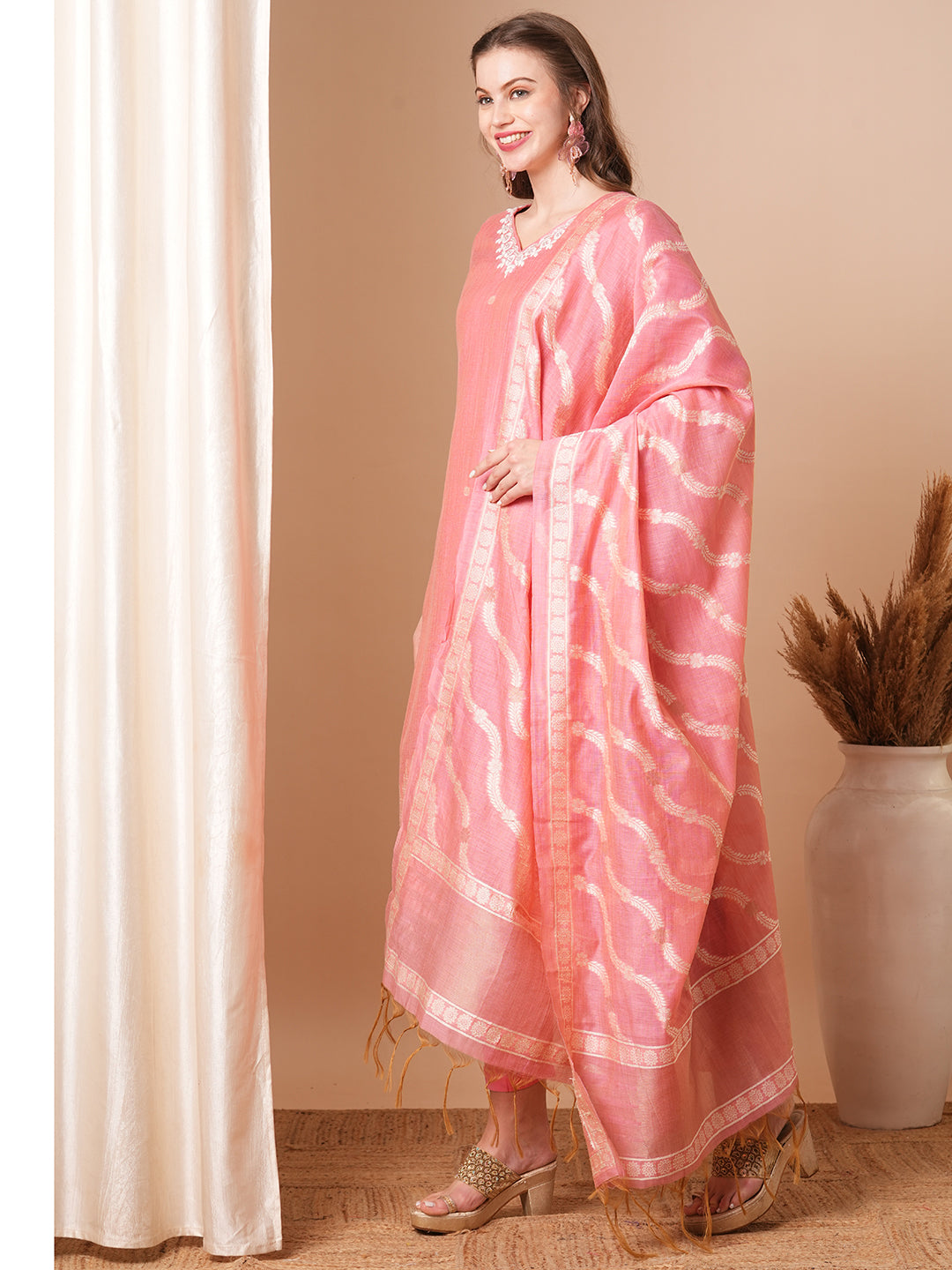 Floral Woven & Embroidered Straight Fit Kurta with Pant & Dupatta - Pink