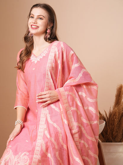 Floral Woven & Embroidered Straight Fit Kurta with Pant & Dupatta - Pink