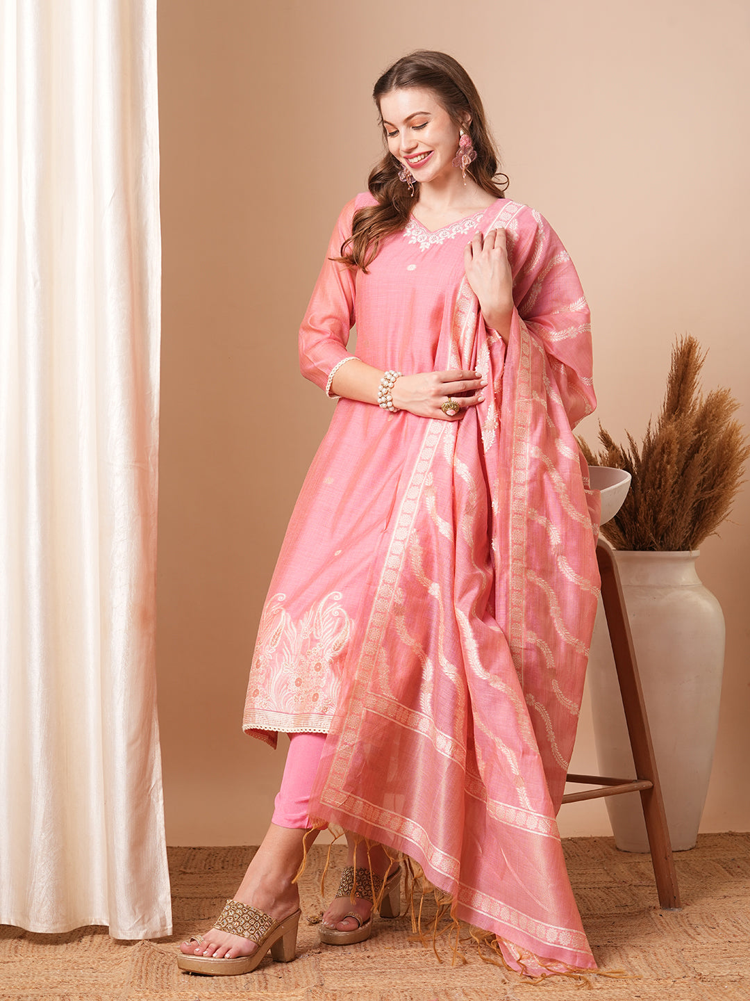 Floral Woven & Embroidered Straight Fit Kurta with Pant & Dupatta - Pink