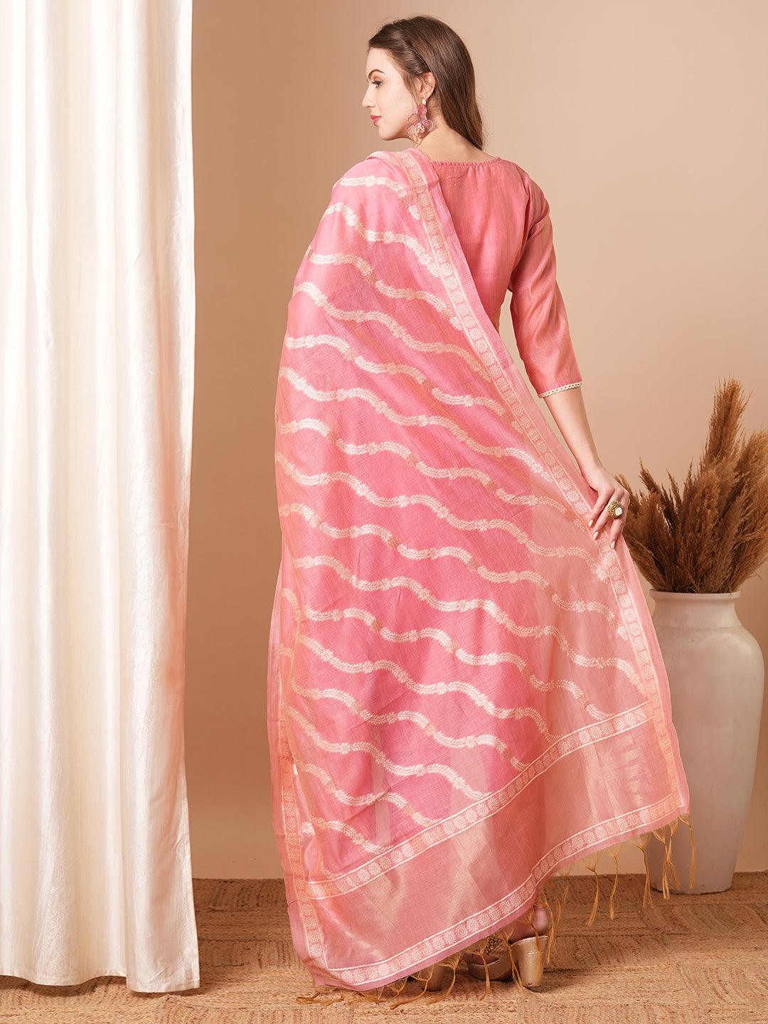 Floral Woven & Embroidered Straight Fit Kurta with Pant & Dupatta - Pink