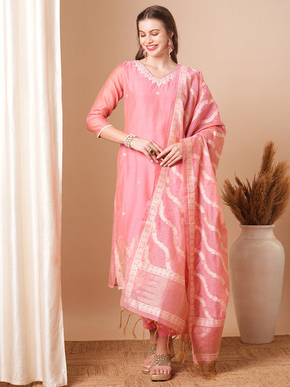 Floral Woven & Embroidered Straight Fit Kurta with Pant & Dupatta - Pink