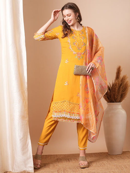 Solid Floral Embroidered Straight Fit Kurta with Pant & Dupatta - Yellow