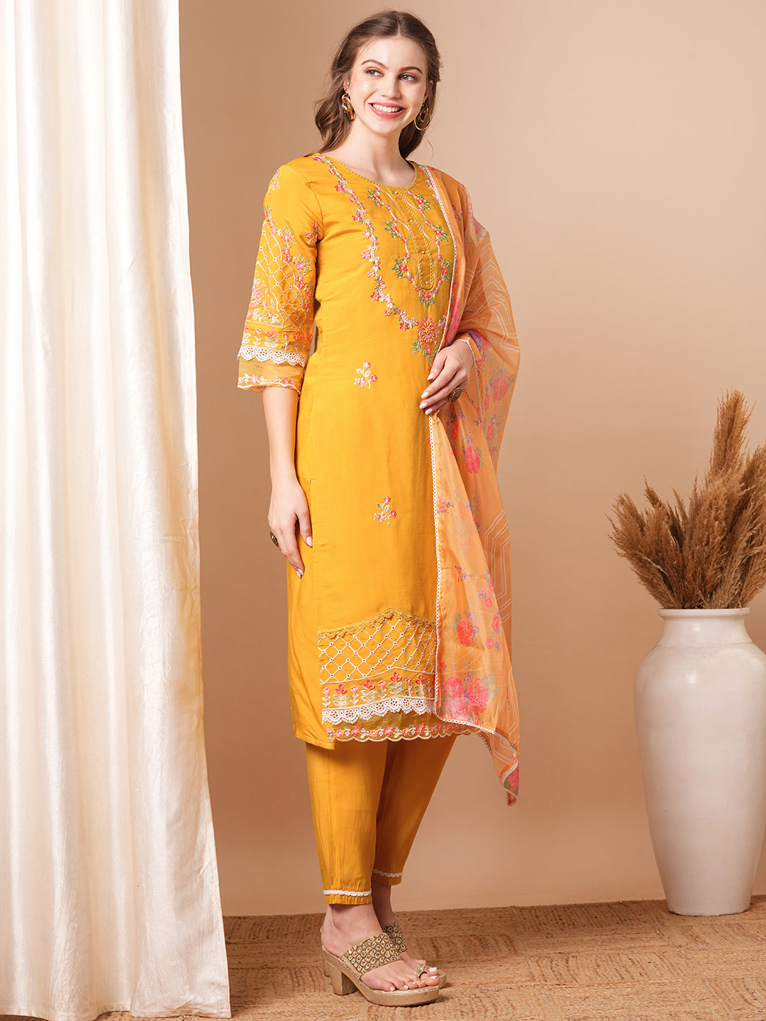 Solid Floral Embroidered Straight Fit Kurta with Pant & Dupatta - Yellow