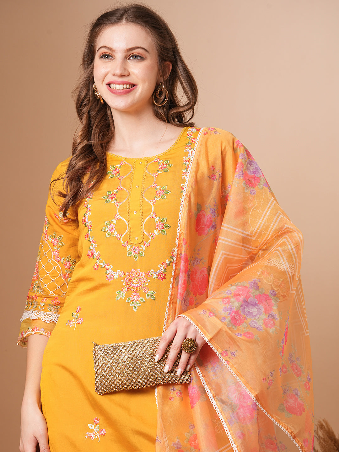 Solid Floral Embroidered Straight Fit Kurta with Pant & Dupatta - Yellow