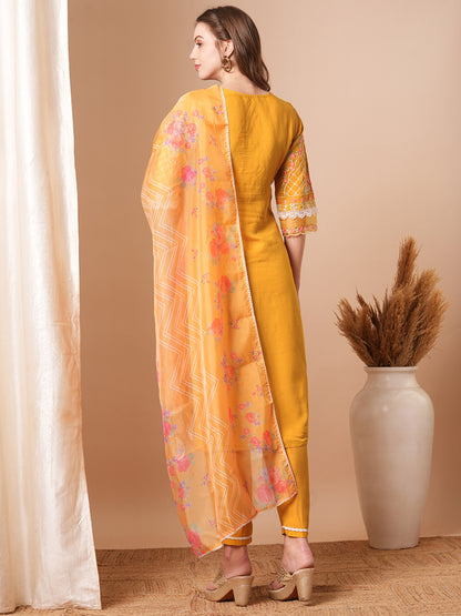 Solid Floral Embroidered Straight Fit Kurta with Pant & Dupatta - Yellow