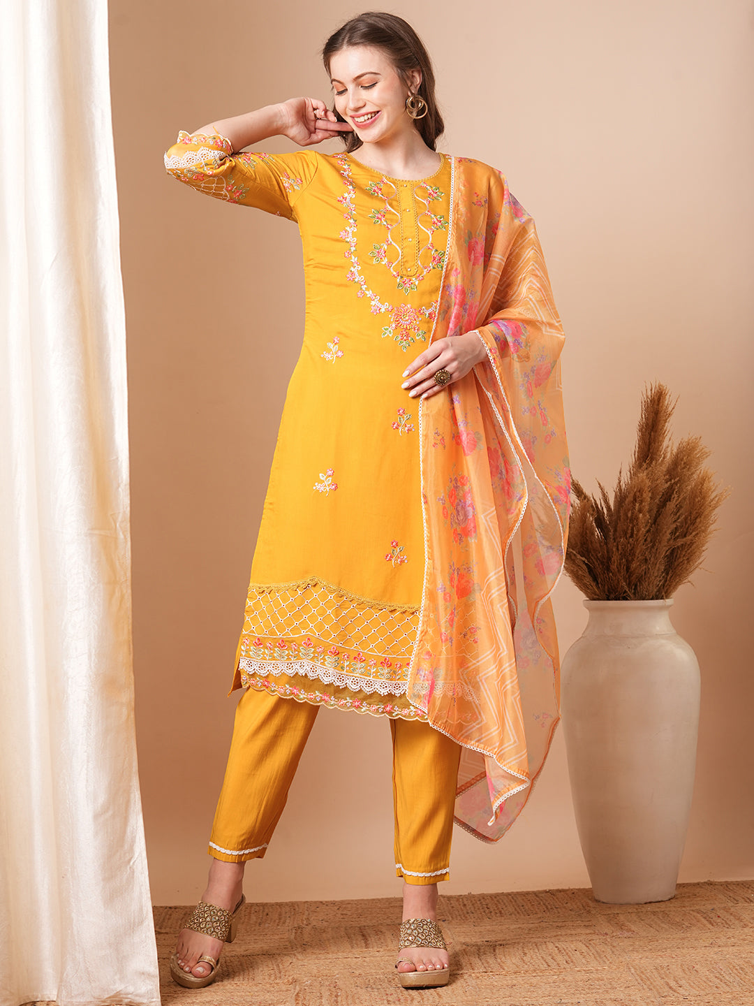 Solid Floral Embroidered Straight Fit Kurta with Pant & Dupatta - Yellow