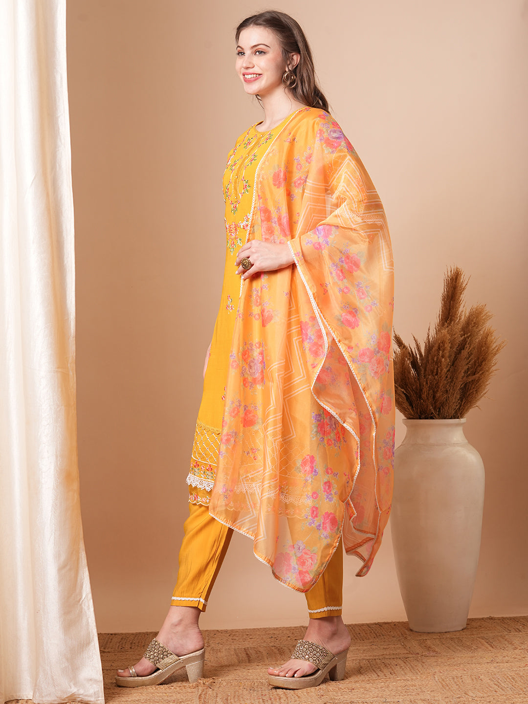 Solid Floral Embroidered Straight Fit Kurta with Pant & Dupatta - Yellow