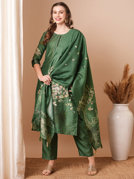 Abstract Floral Printed Straight Fit Kurta with Pant & Dupatta - Green