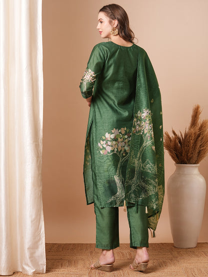 Abstract Floral Printed Straight Fit Kurta with Pant & Dupatta - Green