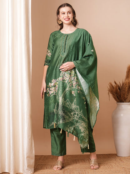 Abstract Floral Printed Straight Fit Kurta with Pant & Dupatta - Green