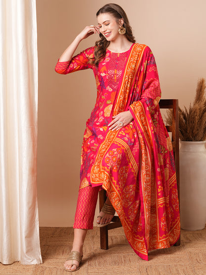 Floral Printed & Mirror Embroidered Straight Kurta with Pant & Dupatta - Pink