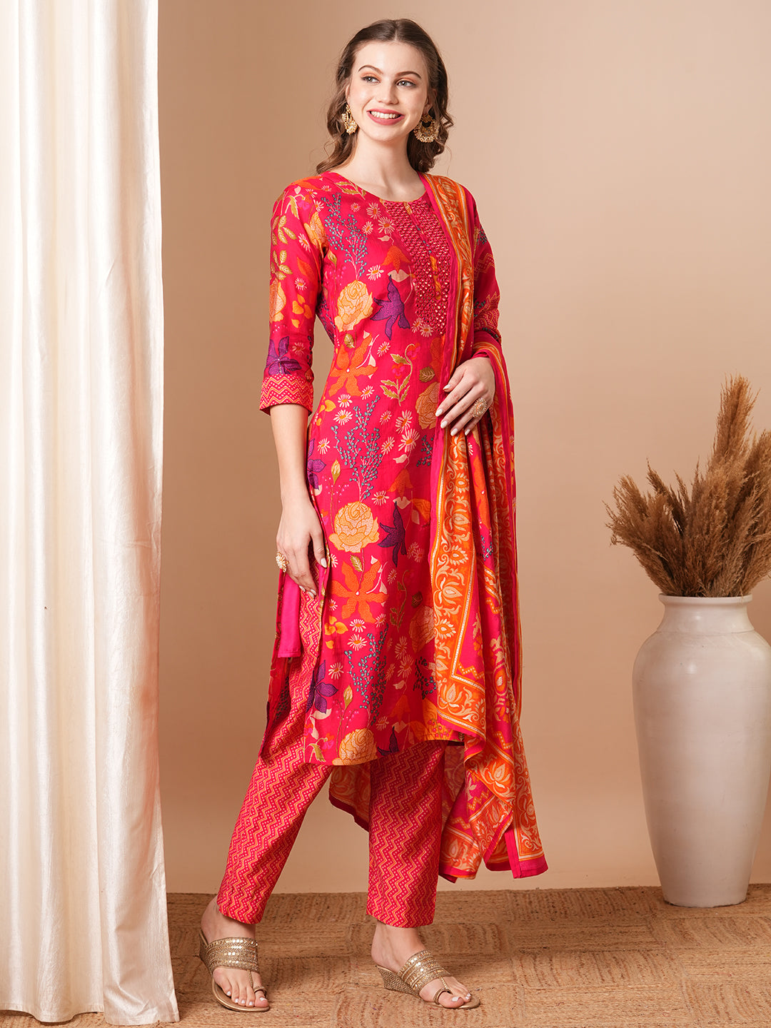 Floral Printed & Mirror Embroidered Straight Kurta with Pant & Dupatta - Pink