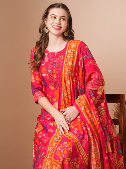 Floral Printed & Mirror Embroidered Straight Kurta with Pant & Dupatta - Pink