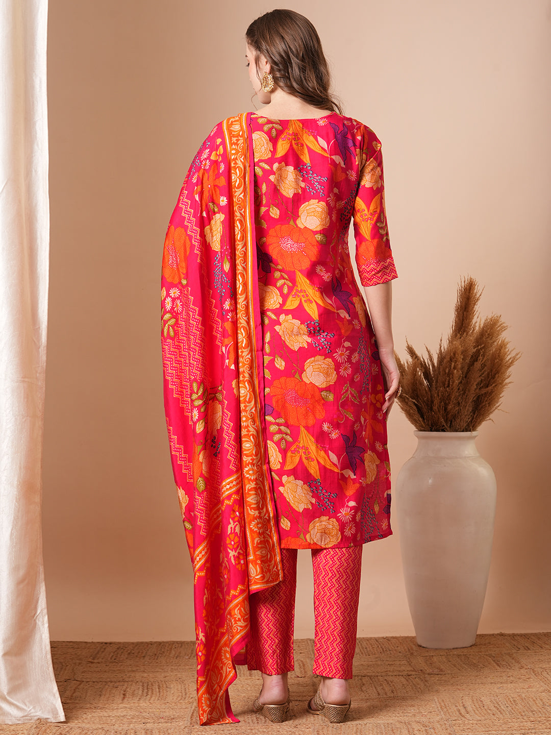 Floral Printed & Mirror Embroidered Straight Kurta with Pant & Dupatta - Pink