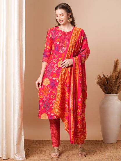 Floral Printed & Mirror Embroidered Straight Kurta with Pant & Dupatta - Pink