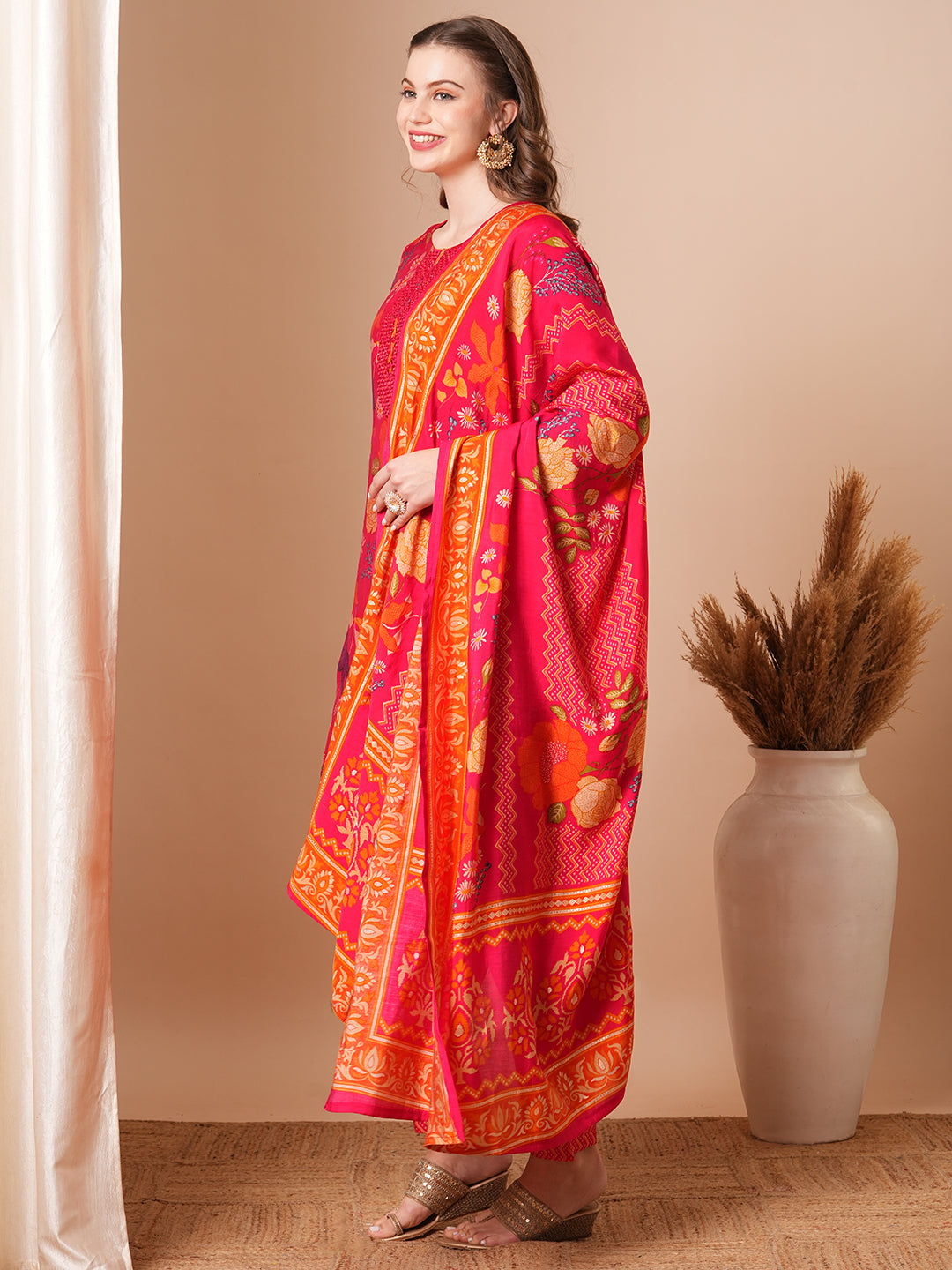 Floral Printed & Mirror Embroidered Straight Kurta with Pant & Dupatta - Pink