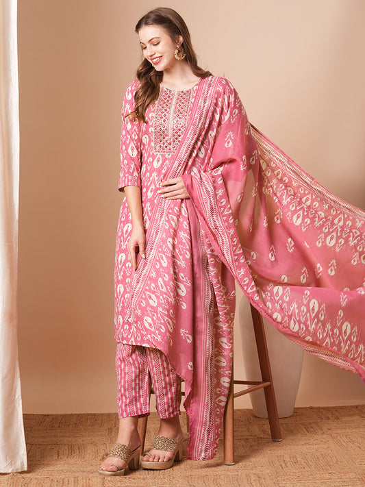 Ethnic Ikat Printed & Embroidered Straight Fit Kurta with Pant and Dupatta - Pink