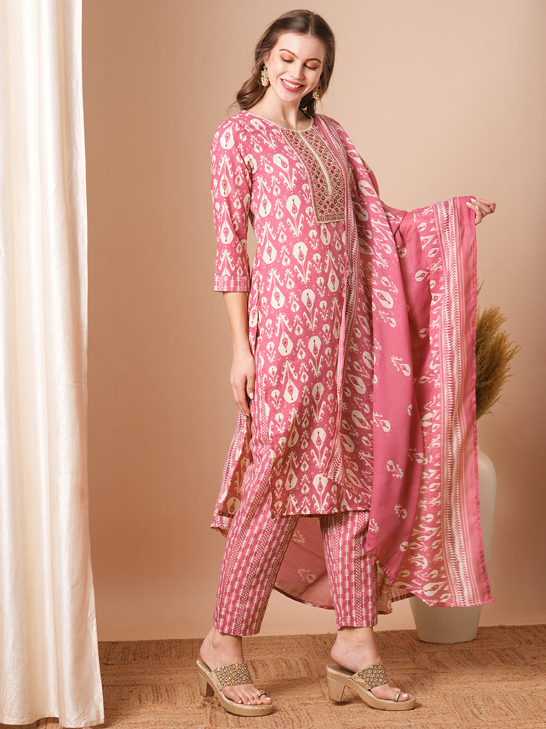 Ethnic Ikat Printed & Embroidered Straight Fit Kurta with Pant and Dupatta - Pink