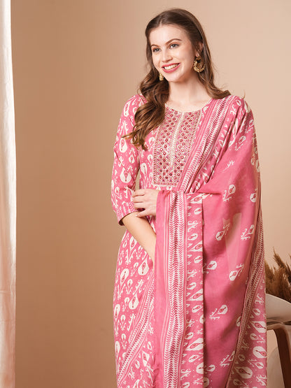 Ethnic Ikat Printed & Embroidered Straight Fit Kurta with Pant and Dupatta - Pink